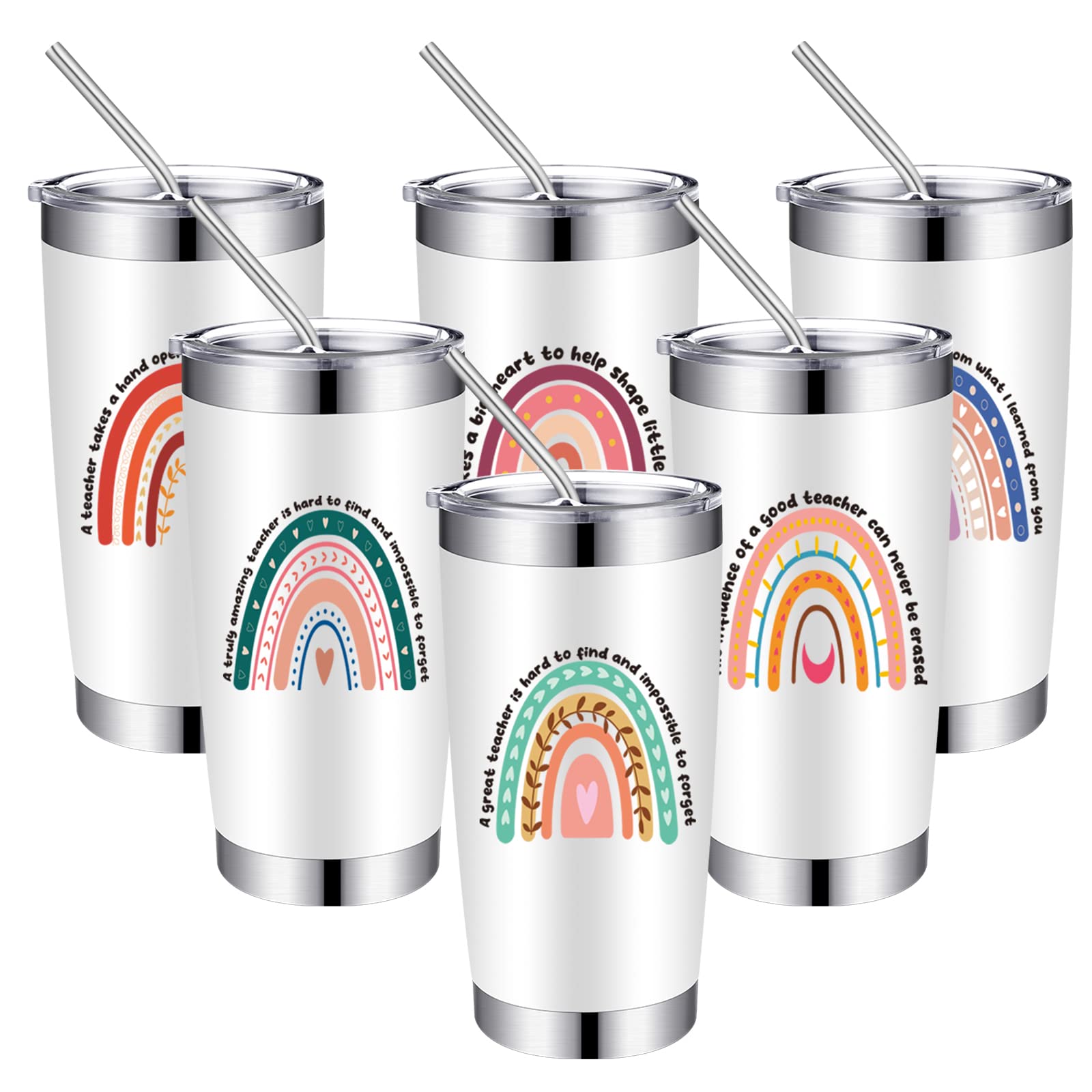 Hoolerry 6 Pcs Teacher Appreciation Gifts Teacher Gifts Bulk 20oz Rainbow Stainless Steel Tumblers with Lids, Straws and Brushes for Graduation Teacher Appreciation Birthday Gifts Supplies