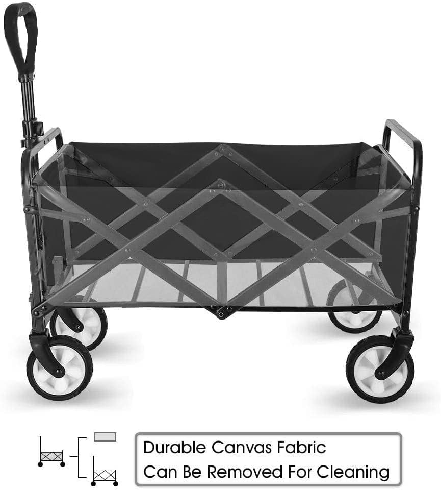 Collapsible Folding Outdoor Utility Wagon, Beach Wagon Cart with All Terrain Wheels & Drink Holders, Portable Sports Wagon for Camping, Shopping, Garden and Beach (Black/1 Year Warrant)