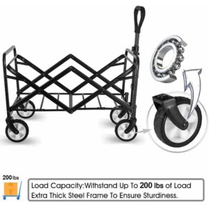 Collapsible Folding Outdoor Utility Wagon, Beach Wagon Cart with All Terrain Wheels & Drink Holders, Portable Sports Wagon for Camping, Shopping, Garden and Beach (Black/1 Year Warrant)