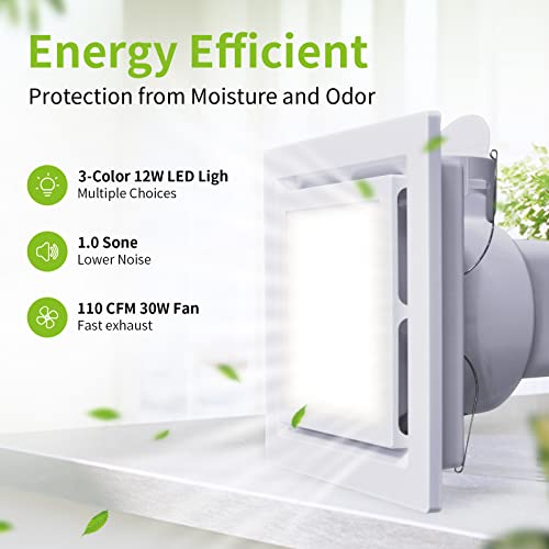Tolery Bathroom Fan with Light Ceiling Mount Shower Ventilation Exhaust Fan with Color Change Light 3000K/4000K/6000KVent Fan and Light Combo for Home 1.0Sone 110 CFM 110V 4" Duct Square White