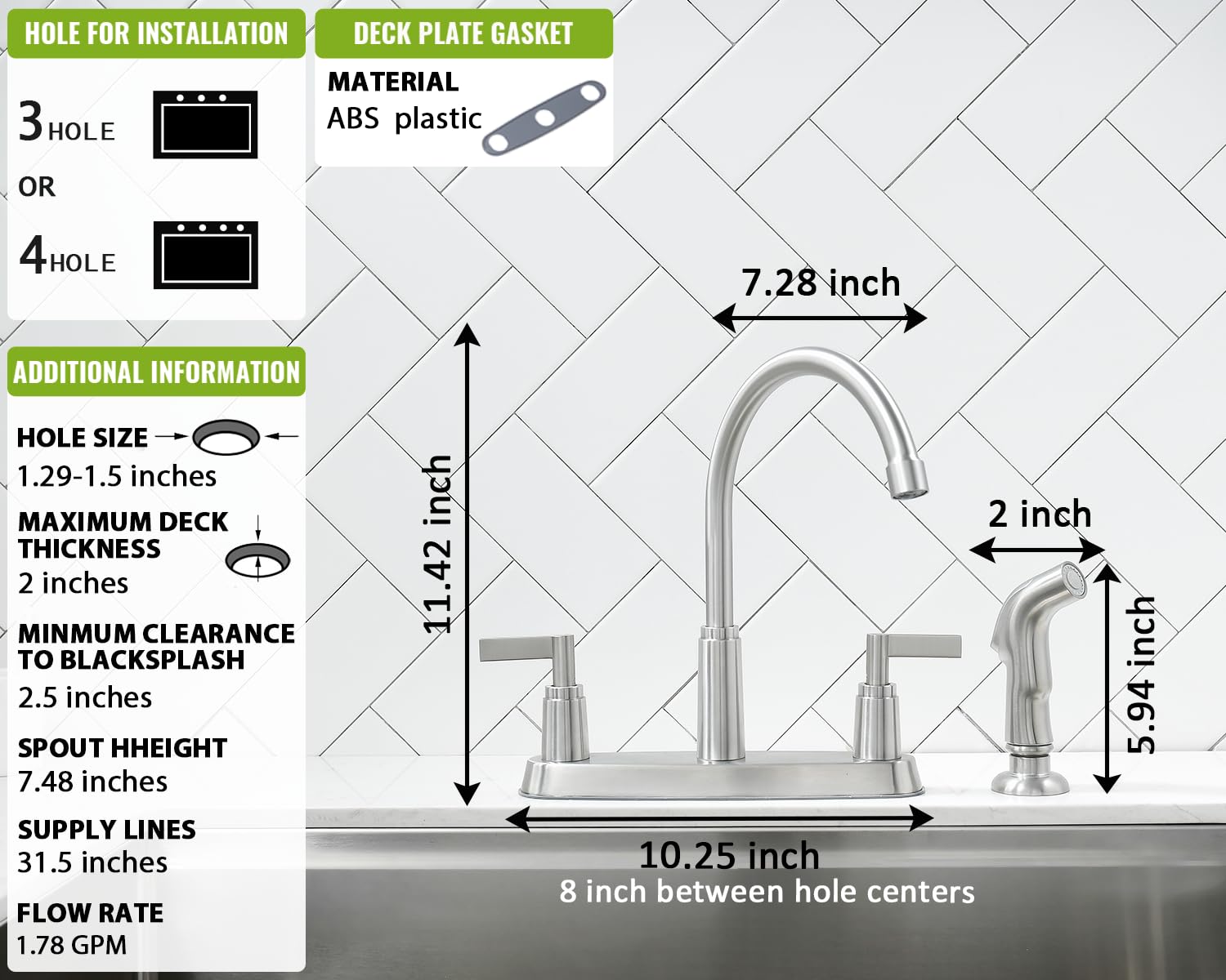 Kitchen Faucet with Sprayer, Brushed Nickel Stainless Steel Kitchen Sink Faucet with Side Sprayer, 3 Hole or 4 Hole Faucet for Kitchen Sink, Commercial RV Laundry Utility Kitchen Faucet KMF023L-1