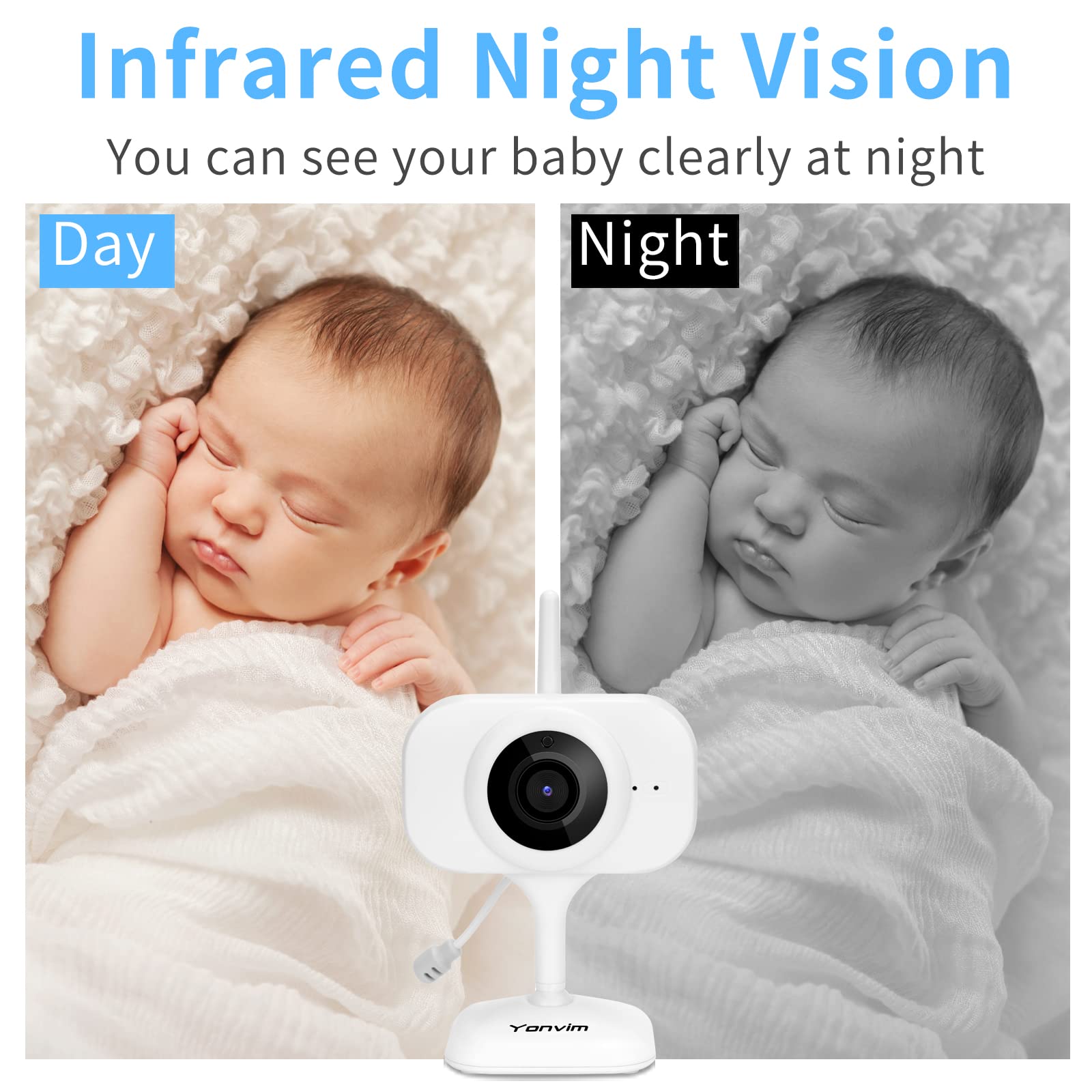 Yonvim Baby Monitor Camera, 4.3" Split Screen Video Baby Monitor with 2 Cameras and Audio, No WiFi, Night Vision, Two Way Talk, Long Range, Temperature Sense, 4X Zoom