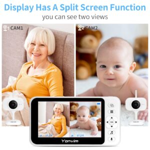 Yonvim Baby Monitor Camera, 4.3" Split Screen Video Baby Monitor with 2 Cameras and Audio, No WiFi, Night Vision, Two Way Talk, Long Range, Temperature Sense, 4X Zoom