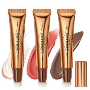 NewBang 3pcs Contour Beauty Wand Blush Highlighter Contouring Stick Set With Cushion Applicator Liquid Cream Face Rouge Bronzer Luminizers Pen Trio Smooth Blendable Moisturizing Waterproof Makeup