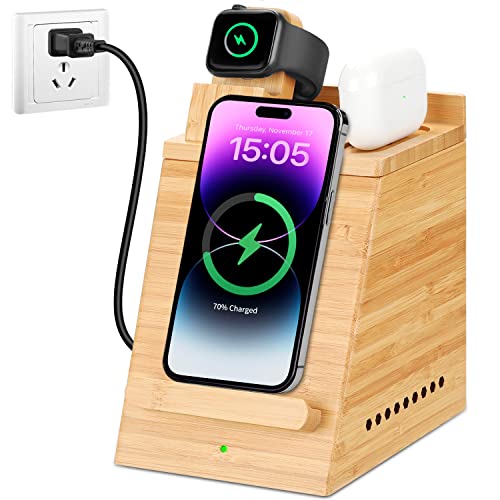 Bamboo Wireless Charging Station for iPhone, OthoKing 3 in 1 Wood Charging Docking & Organizer for iWatch/AirPods, Wireless Charging Stand for iPhone 14/13/12/11/Pro/Max/XS/Max/XR/XS/X-Orange