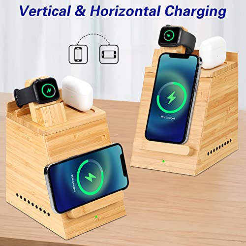 Bamboo Wireless Charging Station for iPhone, OthoKing 3 in 1 Wood Charging Docking & Organizer for iWatch/AirPods, Wireless Charging Stand for iPhone 14/13/12/11/Pro/Max/XS/Max/XR/XS/X-Orange