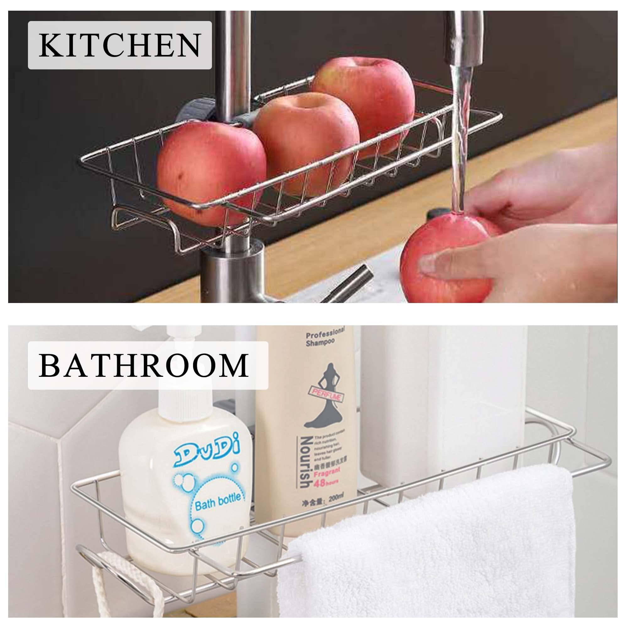 SooGree Kitchen Sink Organizer Over Faucet Sponge Holder,304 Stainless Steel Heavy Duty Thickening Hanging Faucet Drain Rack for Scrubbers Soap Bathroom,Detachable Storage Rack