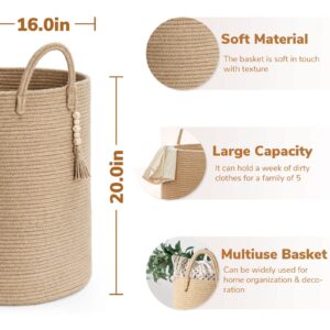 Goodpick Jute Woven Blanket Basket Decorative Storage Basket for Towels, Shoes, Toys, Tall Laundry Basket for Living Room, Bedroom, Round Wicker Basket 16 x 20 Inches, Black and Jute