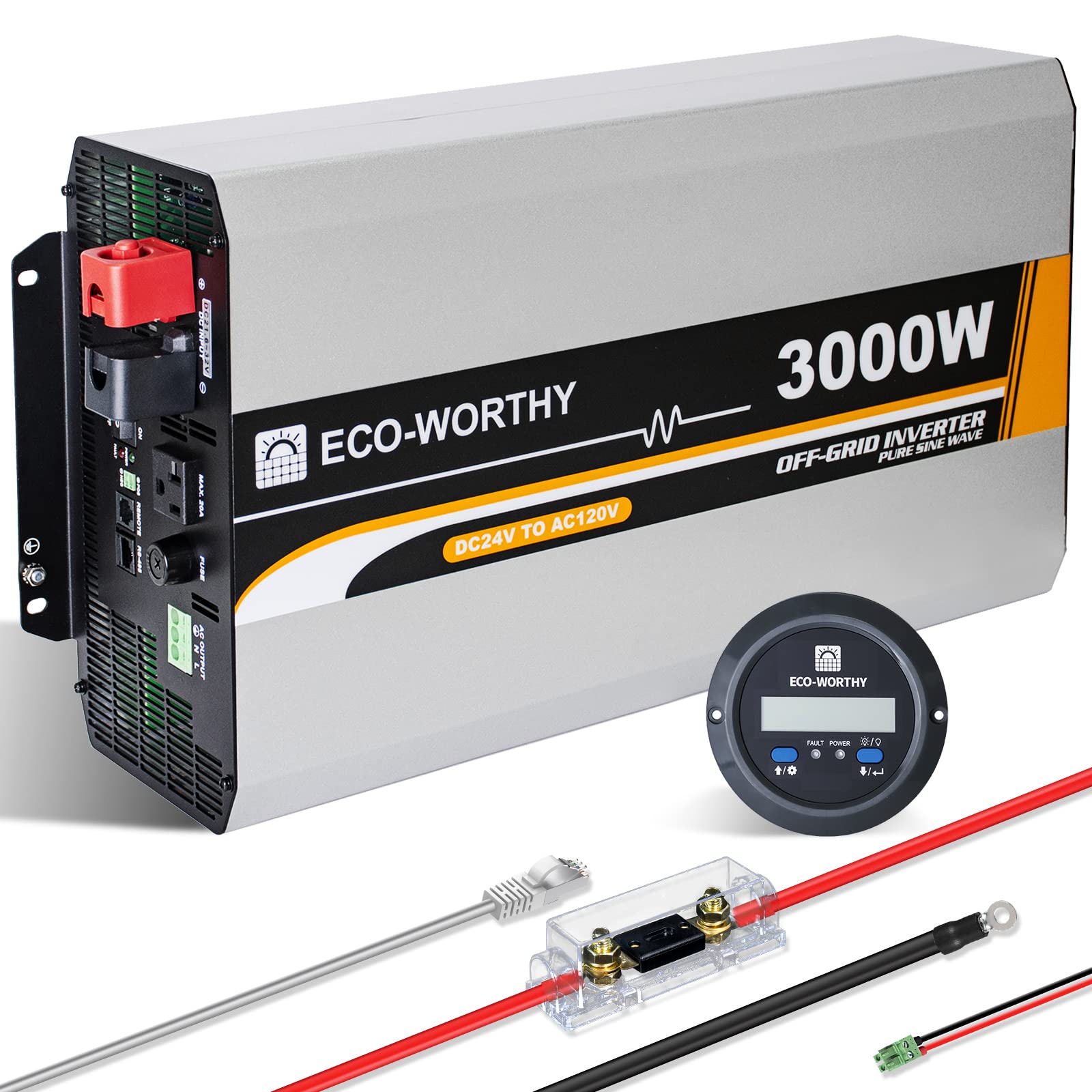 ECO-WORTHY 3000W Pure Sine Wave Solar Power Inverter 24V DC to 120V AC Converter with Remote Control,1*AC Outlet,1*Hardwire Terminals and 1 * 150A Fuse,Remote Controller for Home RV Truck Off-Grid…