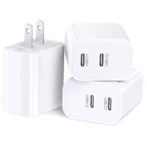 usb c wall charger, lcgens 3-pack 20w type c fast charger block plug adapter dual port pd 3.0 charging brick cube for iphone 11/12/13/14/15/pro max, xs/xr/x, ipad pro, airpods pro, samsung galaxy