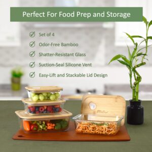 EcoPreps Glass Food Storage Containers with Bamboo Lids [4 Pack] 100% Plastic Free, Eco-Friendly, Oven, Microwave Safe Glass Meal Prep Containers, Glass Lunch Containers, Bamboo Lid Storage Containers