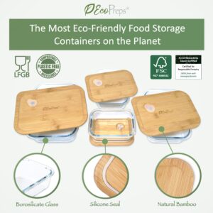 EcoPreps Glass Food Storage Containers with Bamboo Lids [4 Pack] 100% Plastic Free, Eco-Friendly, Oven, Microwave Safe Glass Meal Prep Containers, Glass Lunch Containers, Bamboo Lid Storage Containers