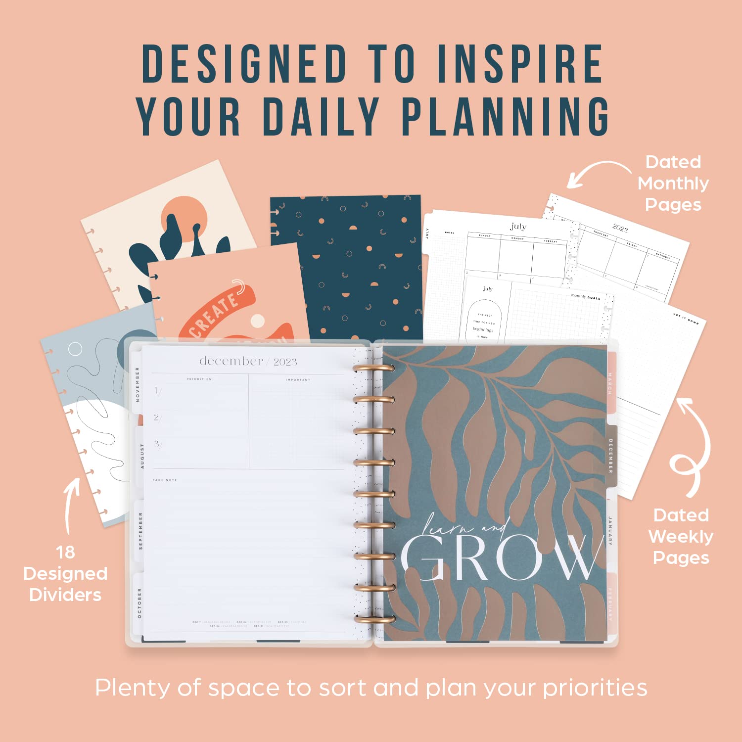 Happy Planner 2023 Daily Diary and Calendar, 18-Month Daily, Weekly, Monthly July 2023–Dec. 2024 Planner Diary, Monthly Layout, Playful Abstract Theme, Classic Size, 17.78 x 23.50 cm