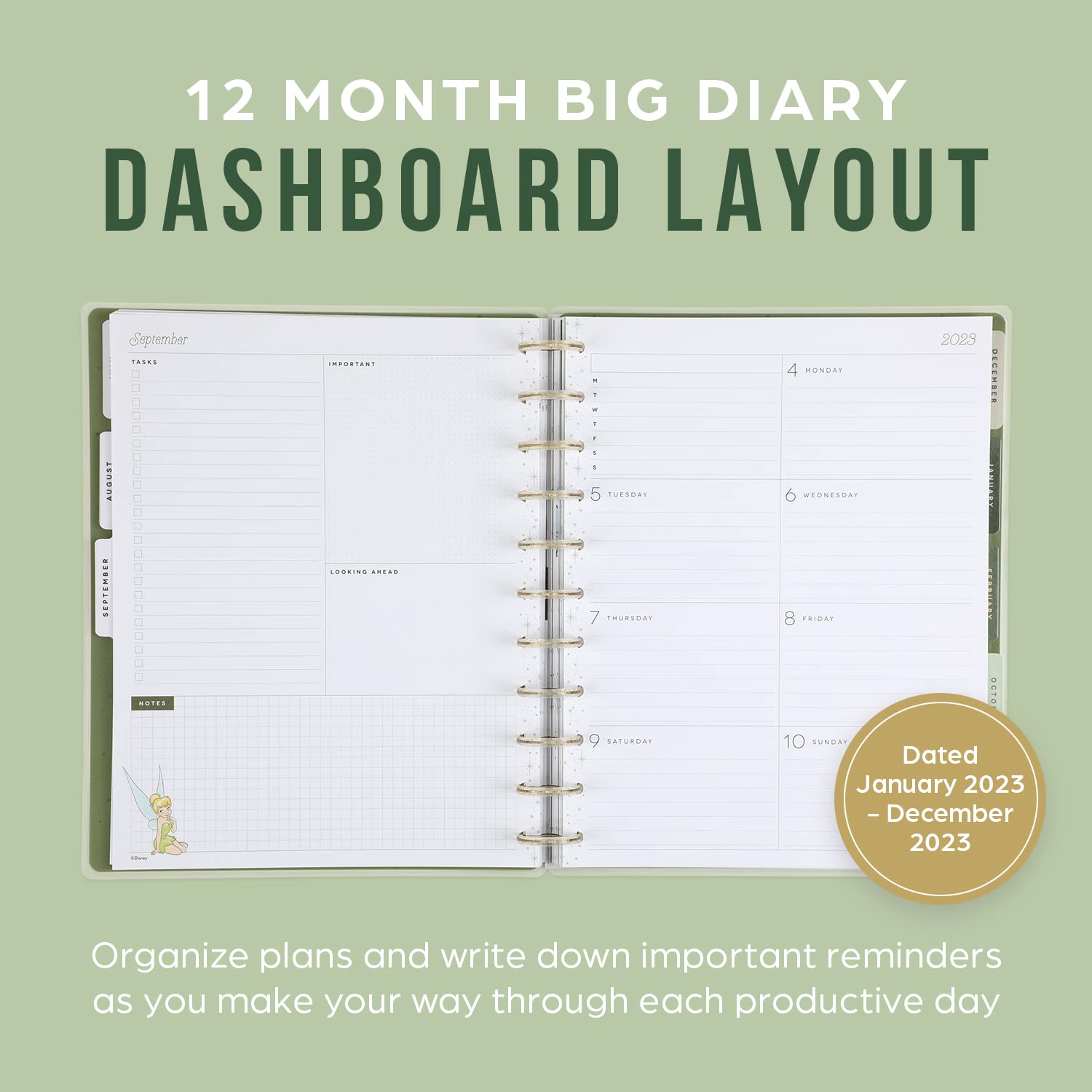 Happy Planner Disney 2023 Daily Planner for July 2023 to June 2024, 12-Month Daily, Weekly, and Monthly Planner, Dashboard Layout, Tinkerbell Find Your Wings Theme, Big Size, 11 Inches by 8 1/2 Inches