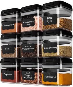 shazo 9 pc airtight food storage containers set with lids plastic kitchen cabinet & pantry organization canister set for spices, herbs, coffee & tea - bpa free - 9 spoons
