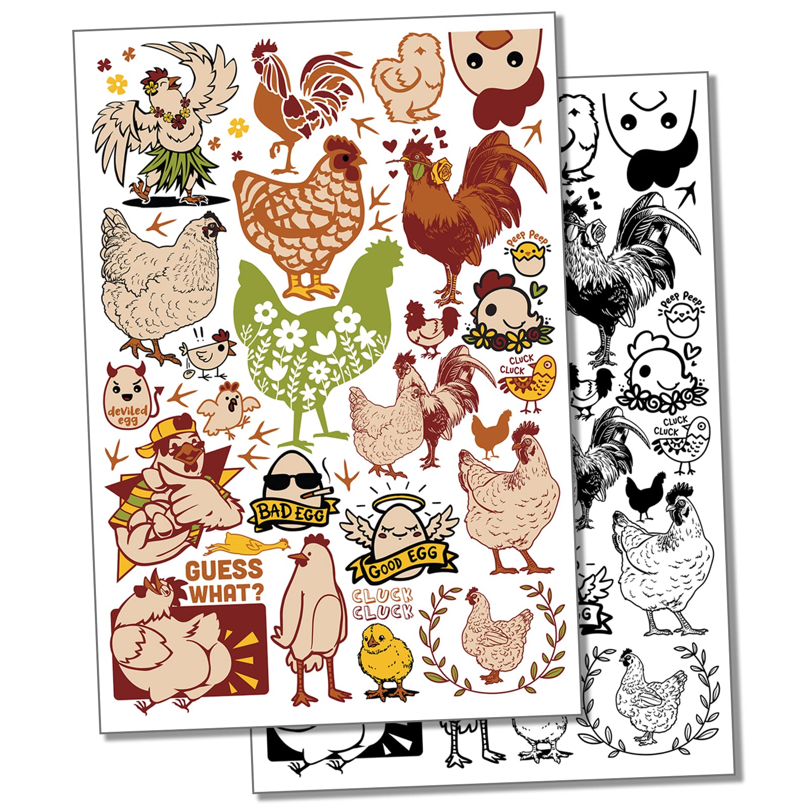 Clucky Chickens Hens Rooster Temporary Tattoo Water Resistant Fake Body Art Set Collection - Color (One Sheet)