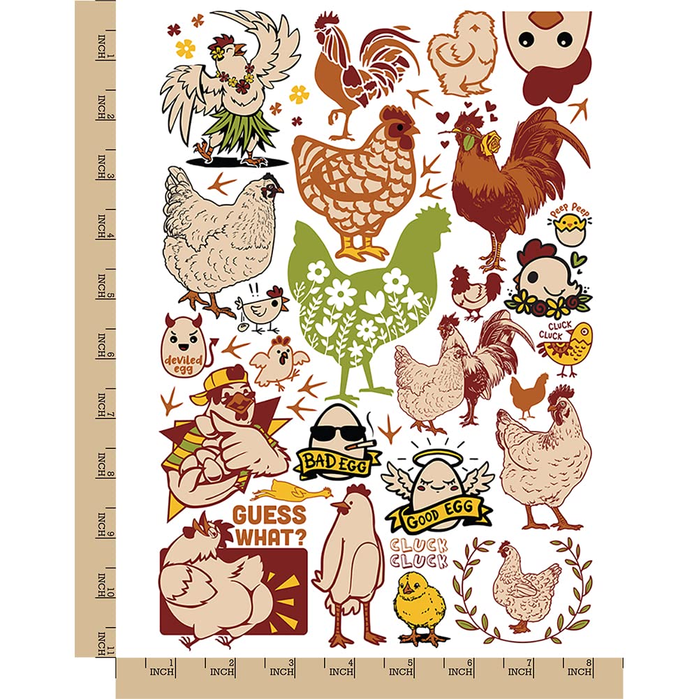 Clucky Chickens Hens Rooster Temporary Tattoo Water Resistant Fake Body Art Set Collection - Color (One Sheet)