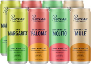 recess zero proof craft mocktails, alcohol free drinks, with adaptogens, non-alcoholic beverage replacement, mixer, celebration, party, (sampler, 12oz, pack of 12)