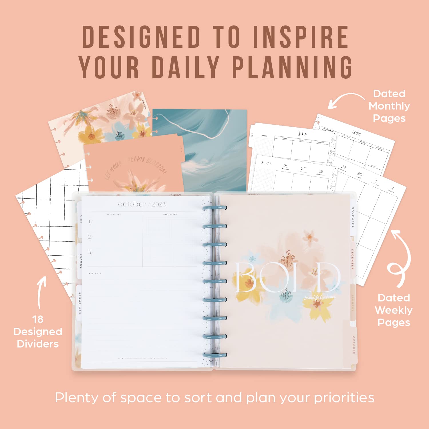 Happy Planner 2023 Daily Diary and Calendar, 18-Month Daily, Weekly, Monthly July 2023–Dec. 2024 Planner Diary, Vertical Layout, Softly Modern Theme, Classic Size, 17.78 x 23.50 cm (7" x 9 3/4")