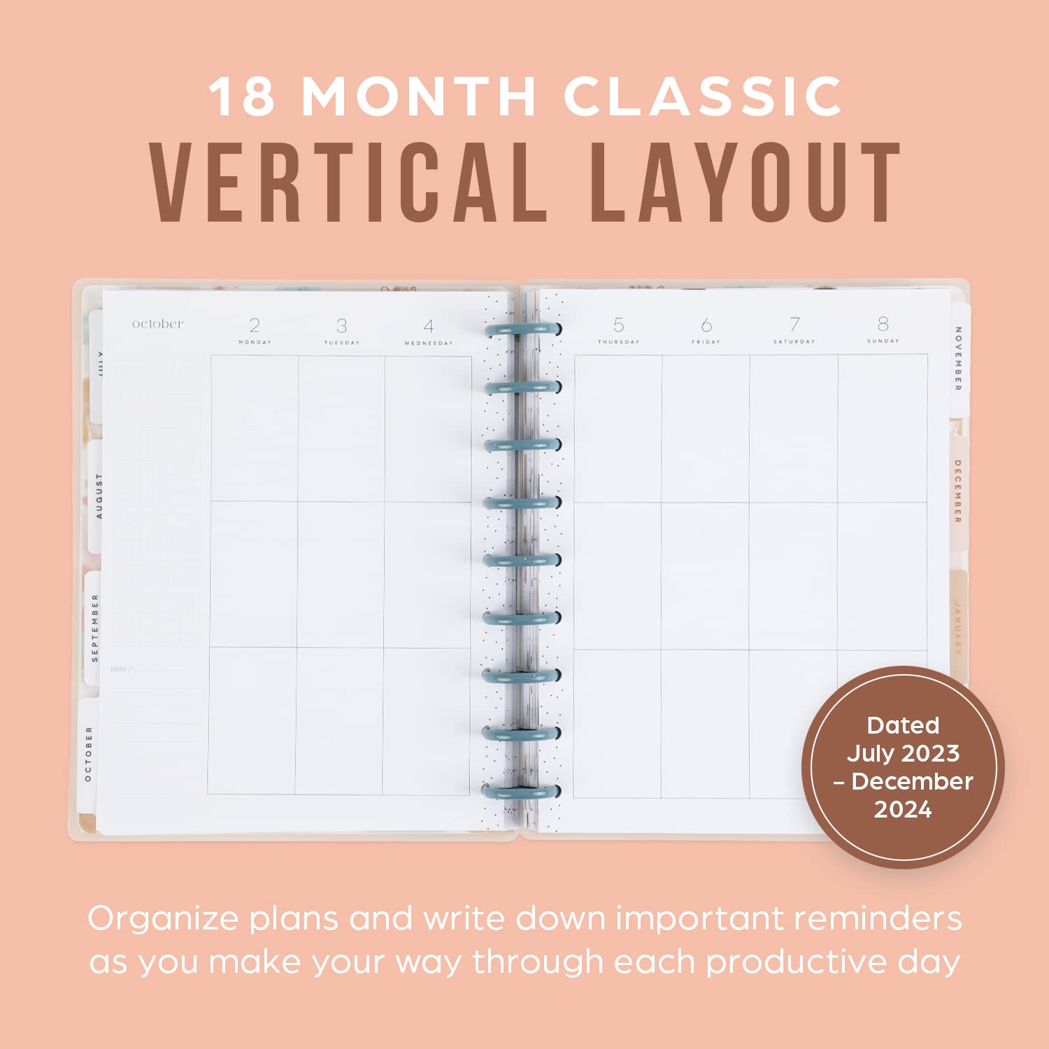 Happy Planner 2023 Daily Diary and Calendar, 18-Month Daily, Weekly, Monthly July 2023–Dec. 2024 Planner Diary, Vertical Layout, Softly Modern Theme, Classic Size, 17.78 x 23.50 cm (7" x 9 3/4")