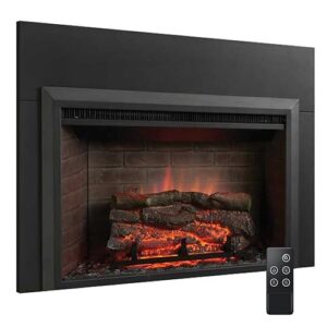simplifire electric fireplace insert, 32-inch with small surround, installs into a wood fireplace opening, textured logs, remote control, 1500w heater