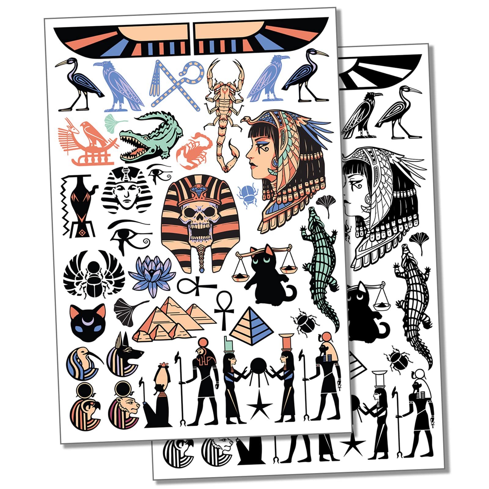 Egypt Egyptian Hieroglyphs Pyramids Pharaoh Temporary Tattoo Water Resistant Fake Body Art Set Collection - Color (One Sheet)