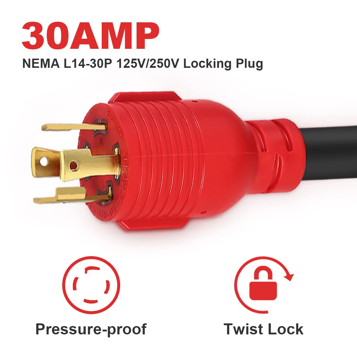 13 Inch 30 Amp to 50 Amp RV/EV Generator Adapter Cord with Grip Handle,4-Prong L14-30P Twist Lock Male to 14-50R Female,10 AWG Heavy Duty STW for Generator to RV Trailer Camper and EV Charging