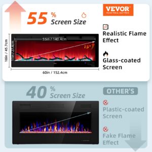 VEVOR Electric Fireplace, 60-inch Recessed and Wall Mounted, Fit for 2 x 4 and 2 x 6 Stud, Adjustable Flame Colors and Speed with Remote Control & Timer, Compatible for Alexa, 1500 W, Black