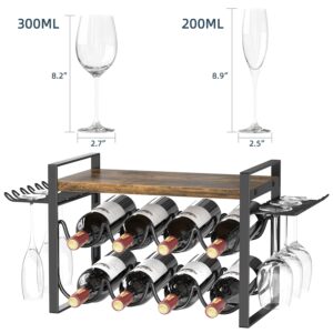 JAFUSI Wine Rack with Glass Holder, Countertop Wine Rack Metal Frame, Wine Holder Stand with Wooden Tray, Bottles Rack for Home Decor Kitchen Storage (Hold 12 Bottles and 4-6 Glasses)
