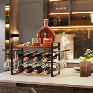 JAFUSI Wine Rack with Glass Holder, Countertop Wine Rack Metal Frame, Wine Holder Stand with Wooden Tray, Bottles Rack for Home Decor Kitchen Storage (Hold 12 Bottles and 4-6 Glasses)