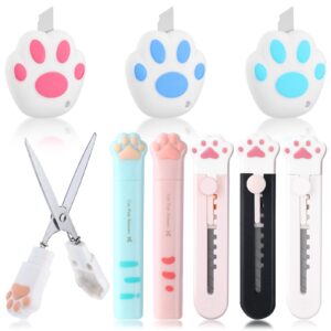 9 pcs mini cute box cutter scissors knives set carton cat paw stainless steel craft letter opener portable retractable utility knives for package opener paper cut home diy scrapbook crafting