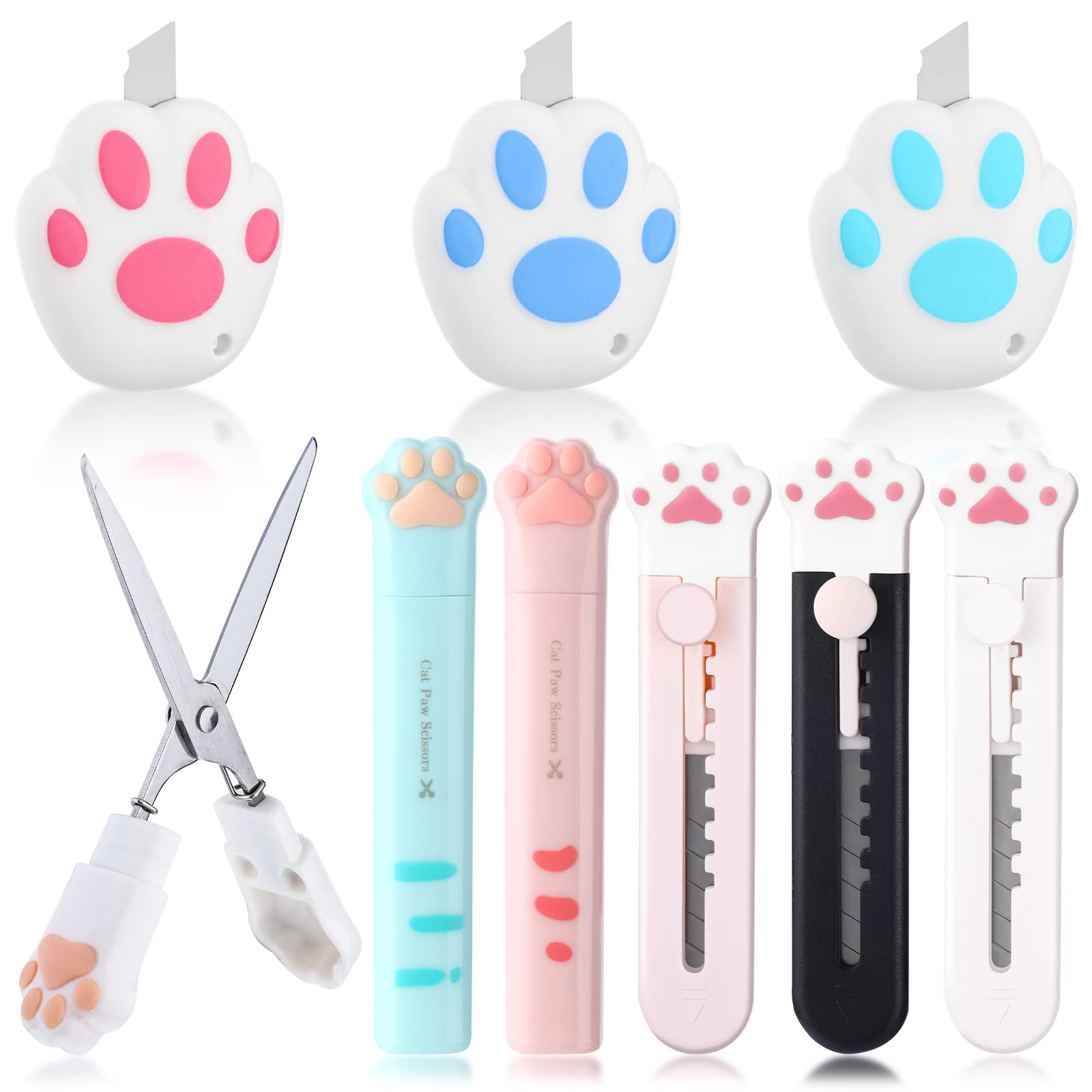 9 Pcs Mini Cute Box Cutter Scissors Knives Set Carton Cat Paw Stainless Steel Craft Letter Opener Portable Retractable Utility Knives for Package Opener Paper Cut Home DIY Scrapbook Crafting