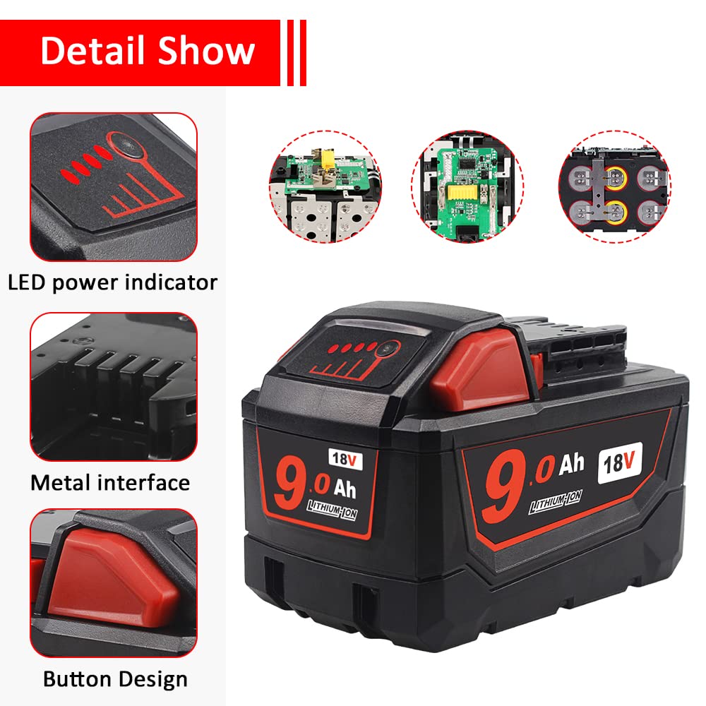 TENMOER 18V 9.0Ah Replacement Battery Compatible with Milwaukee 18Volt Batteries Power Tools