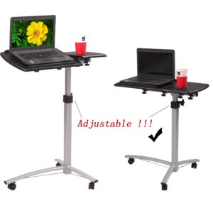 Kcelarec Mobile Laptop Desk Mobile Small Standing Desk Pneumatic Adjustable Height, Portable Rolling Desk Laptop Cart Ergonomic Mobile Desk with Lockable Wheels (Black)