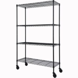 4-shelf adjustable heavy duty storage shelving unit on 4 wheel casters, metal organizer wire rack for laundry bathroom kitchen pantry closet, black