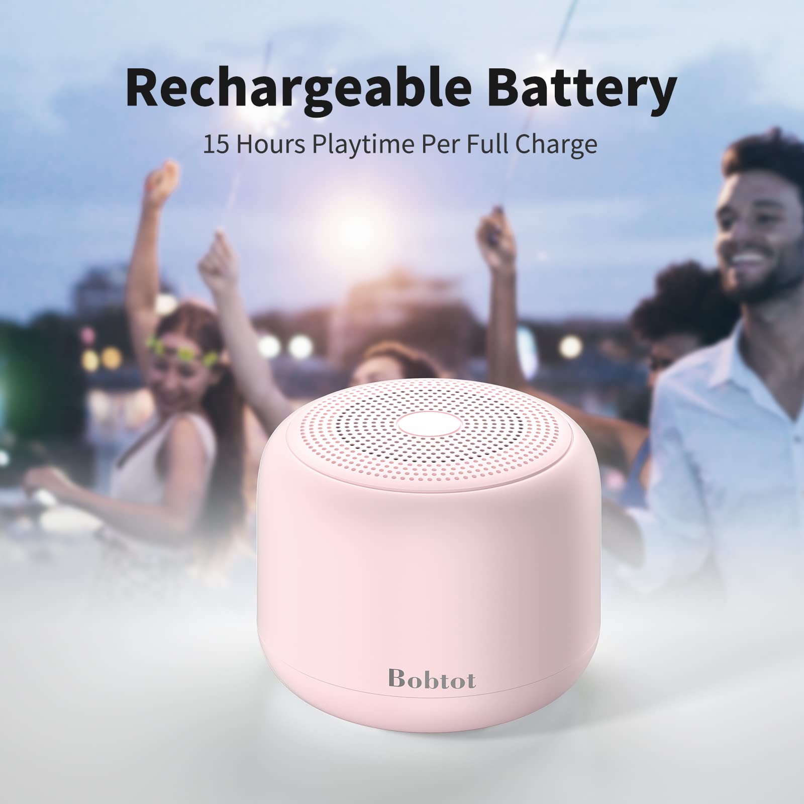 Bobtot Portable Bluetooth Speakers with Strap Easy to Carry, Wireless Waterproof Mini Speaker with Loud Stereo Sound,15 Hours Playtime, Rechargeable Battery, Built-In Microphone, Pink
