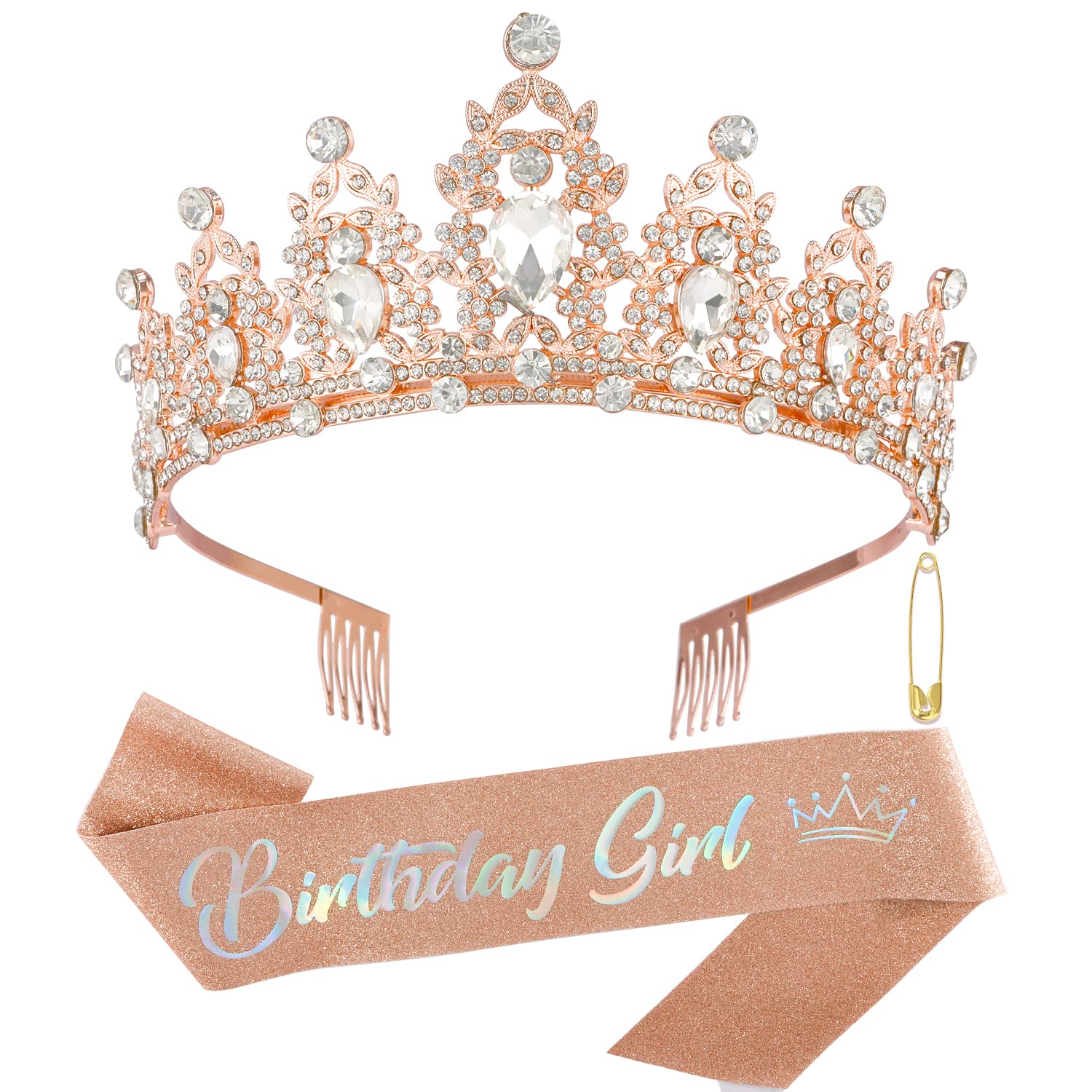 SuPoo Rose Gold Birthday Sash Birthday Crown for Women Crown with Comb Glitter Birthday Girls Sash Princess Birthday Decorations Birthday Tiara Party Decorations Birthday Gifts for Women Party Favor