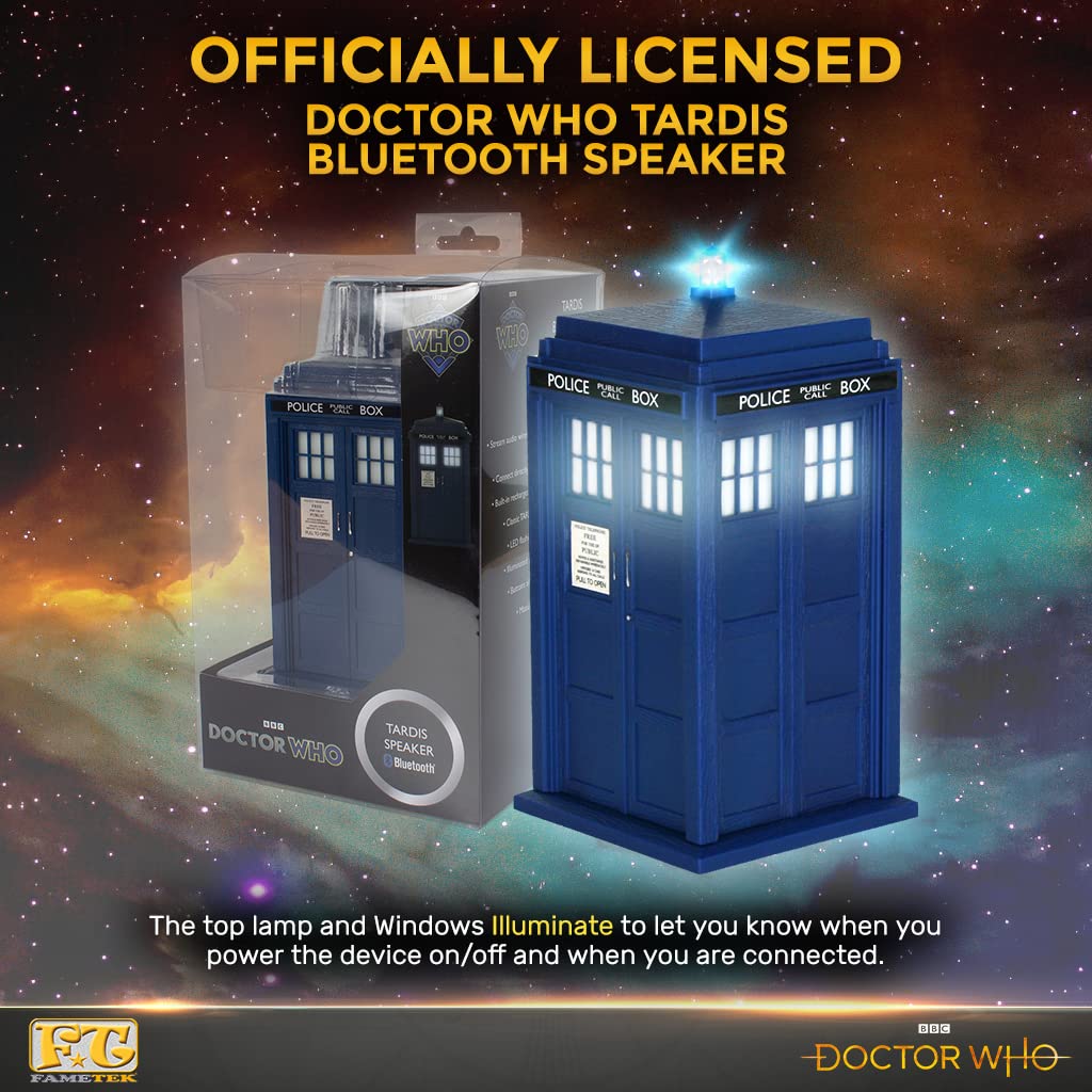 FAMETEK Doctor Who Tardis Wireless Bluetooth Speaker Plays Music, Lights Up, Accurate Sounds Effects |Gifts for Men or Women - Best Gifts Birthday Collectibles for Doctor Who