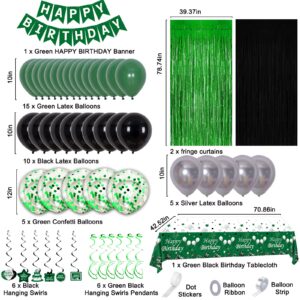 Green and Black Party Decorations, Green Birthday Decorations for Men Women Boys Girls with Green Happy Birthday Banner Tablecloth Fringe Curtains Streamers Confetti Balloons, Green Party Supplies