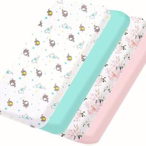 bimocosy Mini Crib Sheets,Pack and Play Sheets for Baby Girl Boy 4 Pack,Size 38"x 26" for Playard Mattress,Portable Mini Crib,Soft Pack N Play Sheets Fitted,Floral/Elephants/Pink/Green