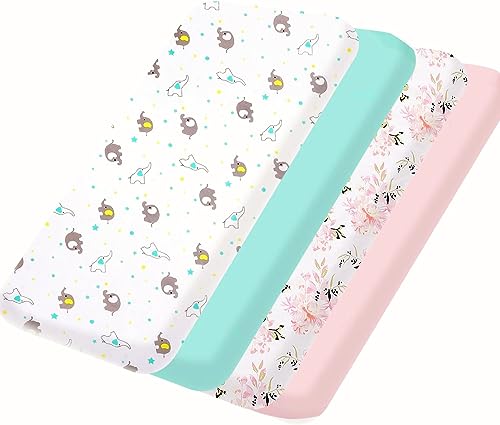 bimocosy Mini Crib Sheets,Pack and Play Sheets for Baby Girl Boy 4 Pack,Size 38"x 26" for Playard Mattress,Portable Mini Crib,Soft Pack N Play Sheets Fitted,Floral/Elephants/Pink/Green