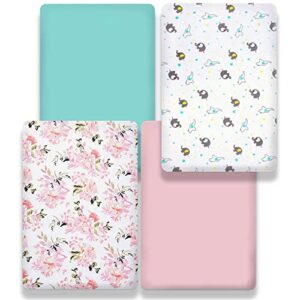 bimocosy Mini Crib Sheets,Pack and Play Sheets for Baby Girl Boy 4 Pack,Size 38"x 26" for Playard Mattress,Portable Mini Crib,Soft Pack N Play Sheets Fitted,Floral/Elephants/Pink/Green