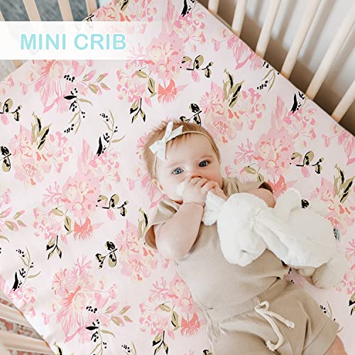 bimocosy Mini Crib Sheets,Pack and Play Sheets for Baby Girl Boy 4 Pack,Size 38"x 26" for Playard Mattress,Portable Mini Crib,Soft Pack N Play Sheets Fitted,Floral/Elephants/Pink/Green