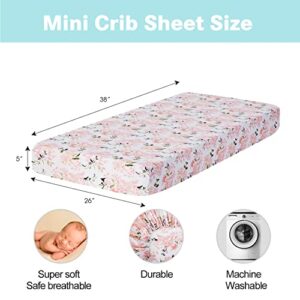 bimocosy Mini Crib Sheets,Pack and Play Sheets for Baby Girl Boy 4 Pack,Size 38"x 26" for Playard Mattress,Portable Mini Crib,Soft Pack N Play Sheets Fitted,Floral/Elephants/Pink/Green