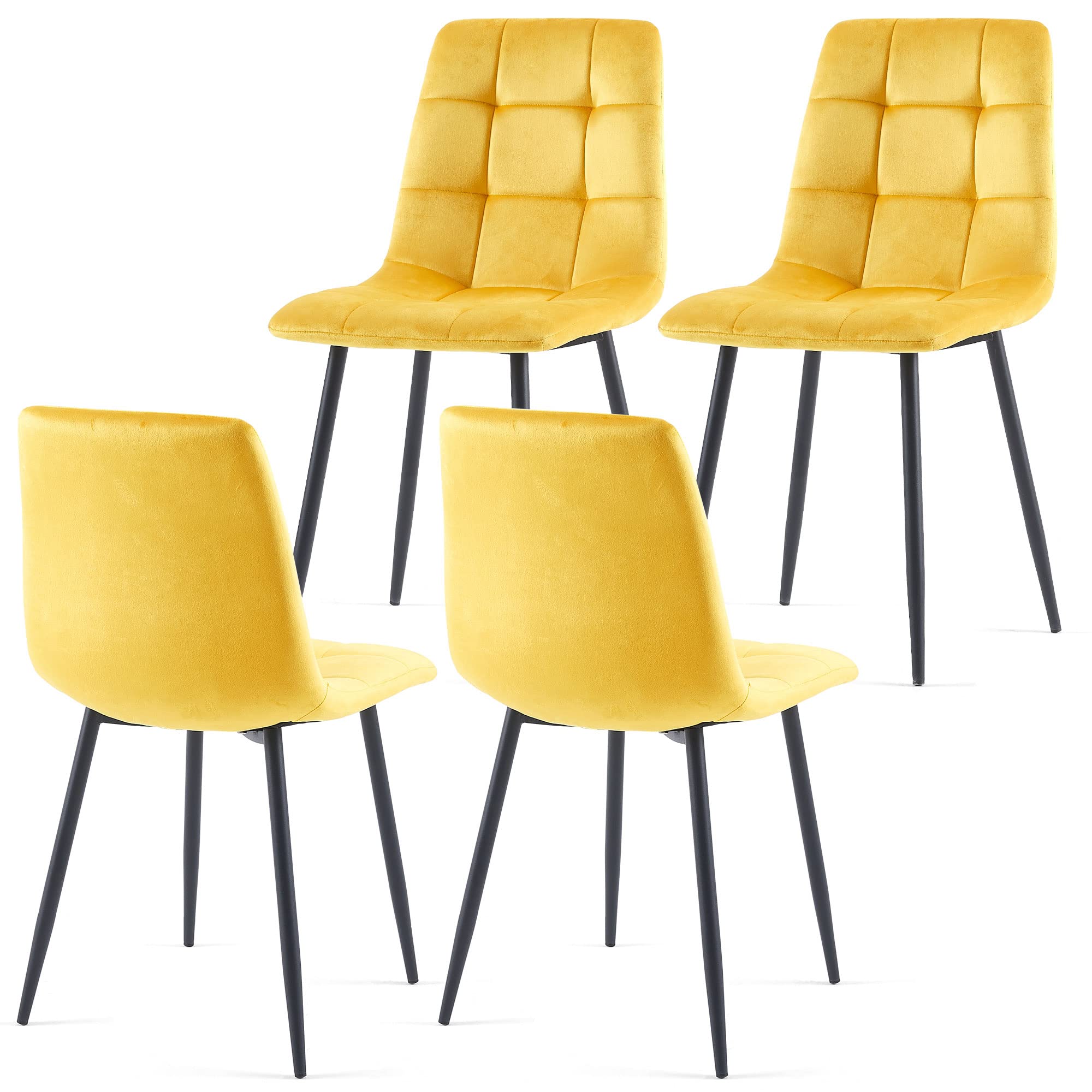 NORDICANA Yellow Velvet Dinner Chairs Set of 4, Modern Armless Biscuit Tufted Dining Side Chairs with Metal Legs for Kitchen Living Room Vanity