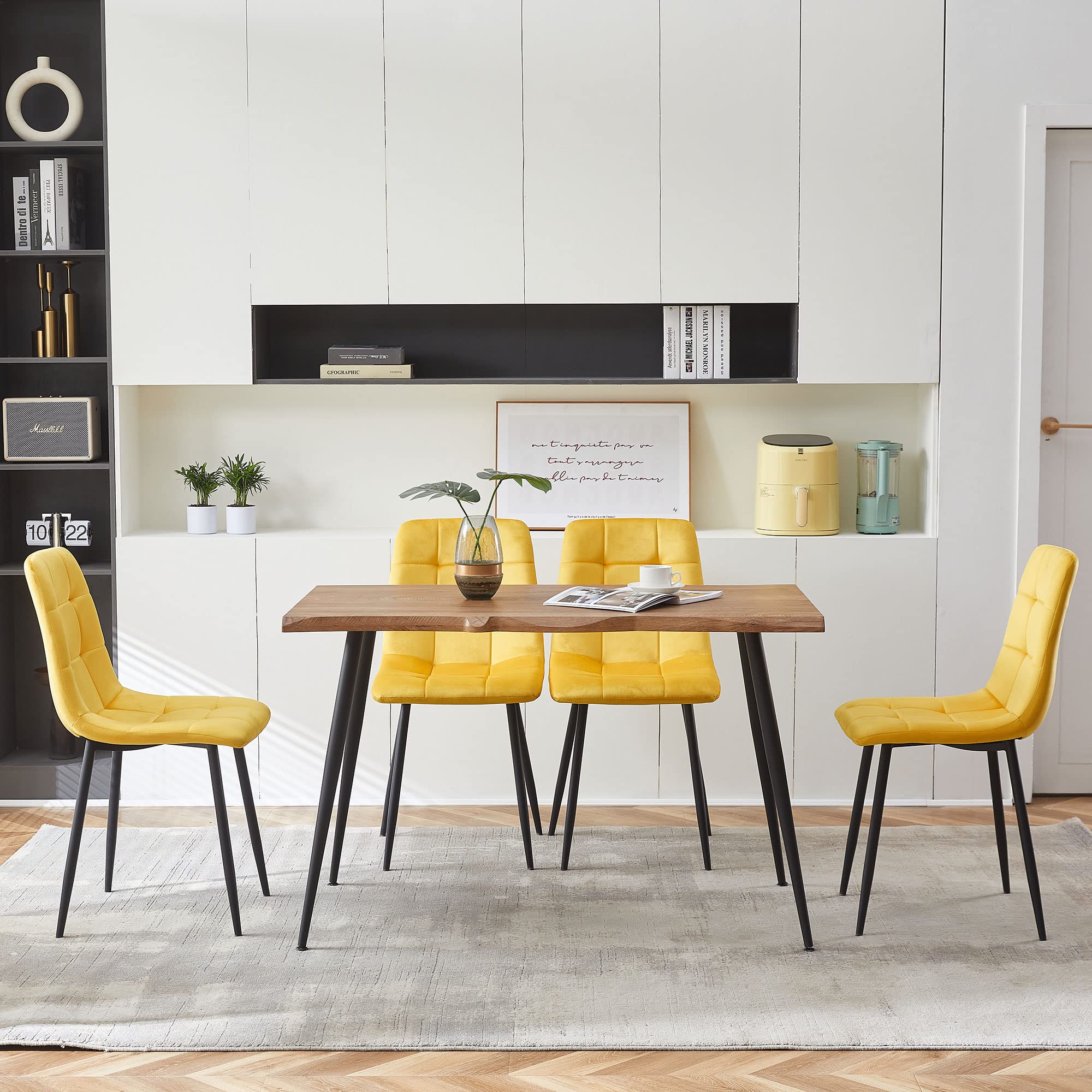 NORDICANA Yellow Velvet Dinner Chairs Set of 4, Modern Armless Biscuit Tufted Dining Side Chairs with Metal Legs for Kitchen Living Room Vanity
