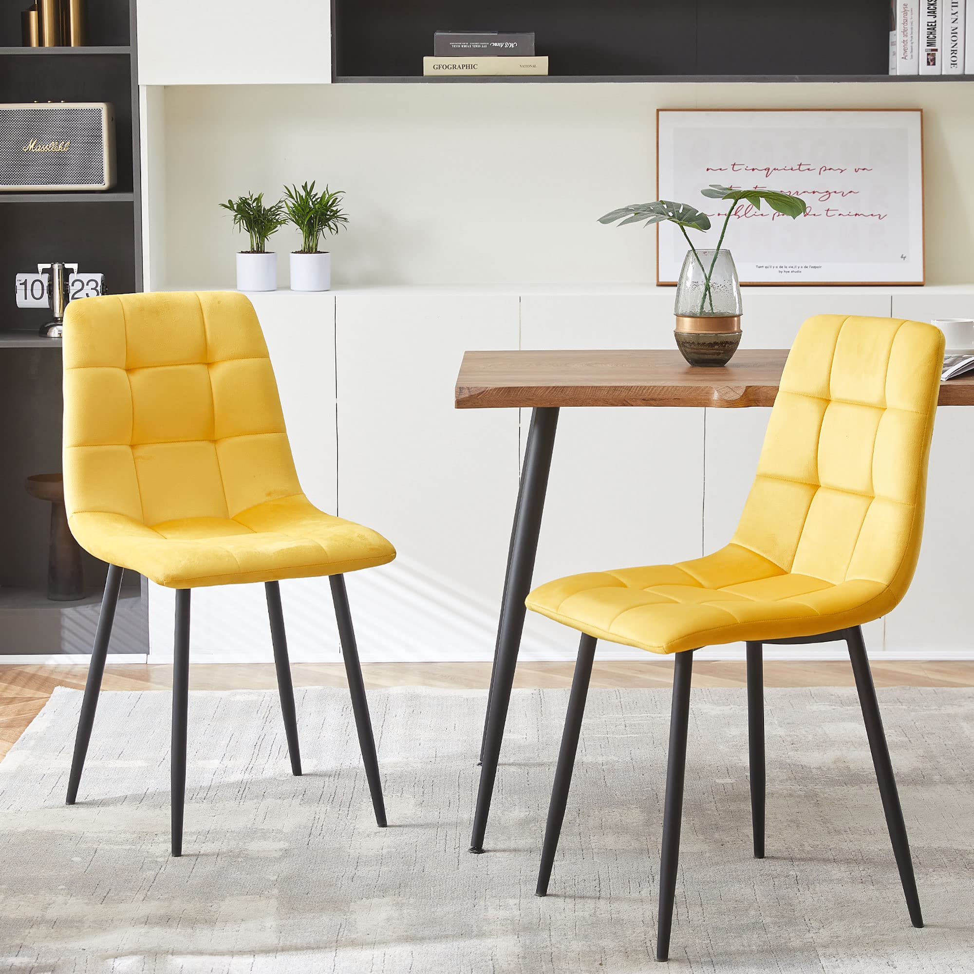 NORDICANA Yellow Velvet Dinner Chairs Set of 4, Modern Armless Biscuit Tufted Dining Side Chairs with Metal Legs for Kitchen Living Room Vanity