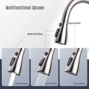 Kitchen Faucet with Pull-Down Spray Single Handle high arc Commercial Stainless Steel Brushed Nickel Kitchen Sink Faucet with Deck Suitable for bar Laundry RV Farmhouse (Brushed Nickel)