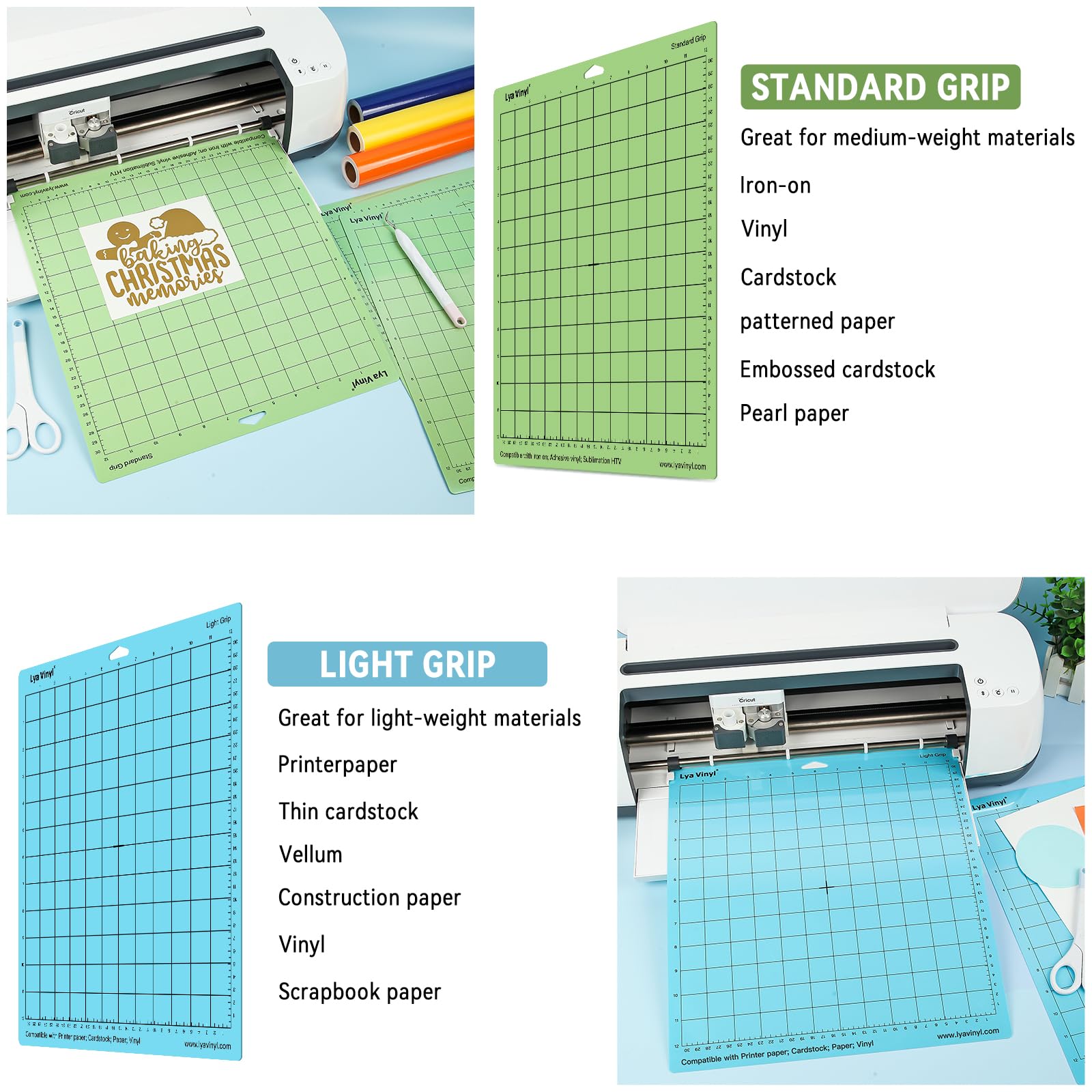 16 Pack Cutting Mats for Cricut - Lya Vinyl Variety Cutting Mats for 12"x12" Vinyl, Cutting Mats for Vinyl(StandardGrip, LightGrip, StrongGrip, FabricGrip) for Cricut Explore Air Series & Accessories