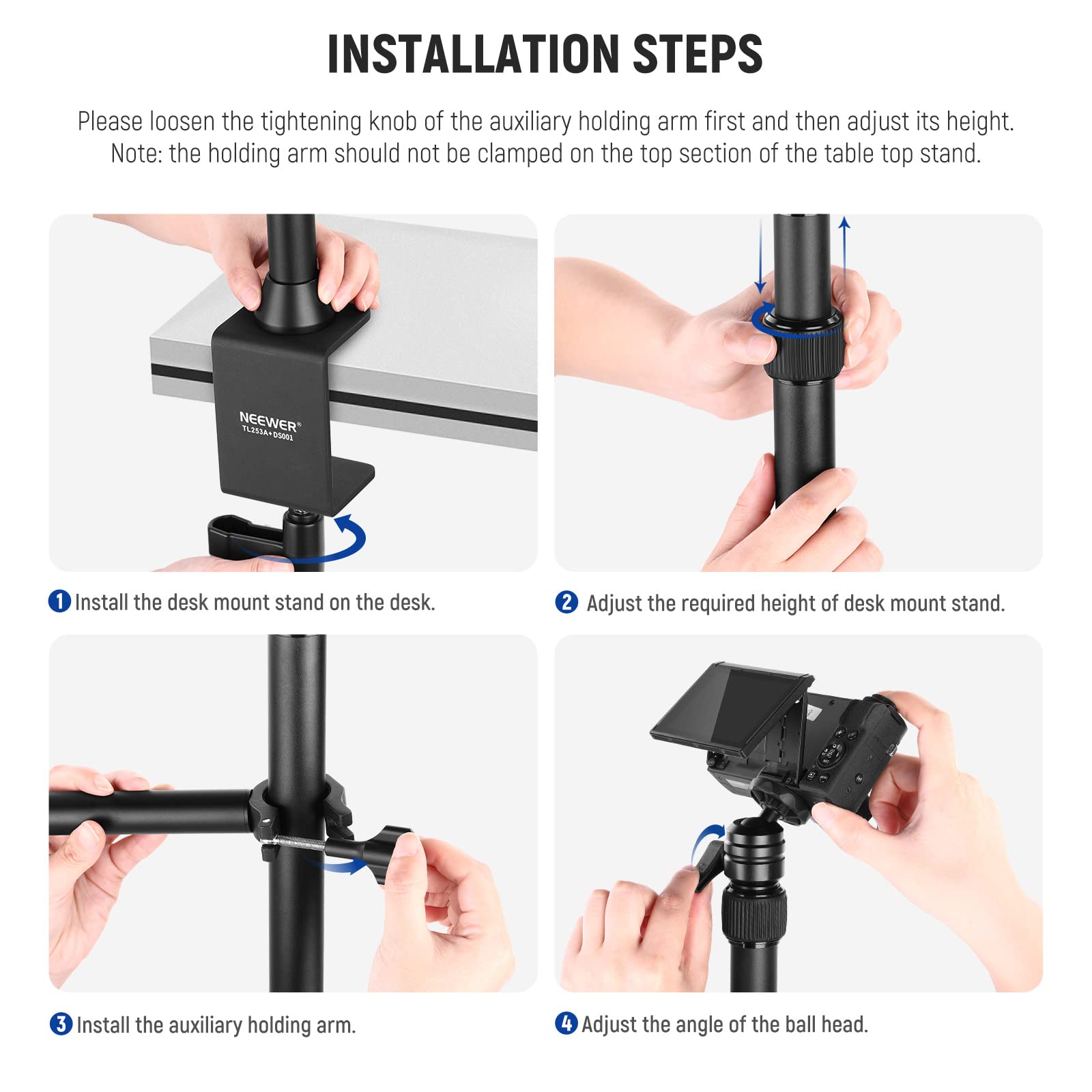 NEEWER Tabletop Overhead Camera Mount Stand with 2 Section Telescopic Extension Arm, Phone Holder, Ball Heads, Screw Adapters, Desk Light Stand for Camera, Phone, Webcam, Ring Light, TL253A+DS001